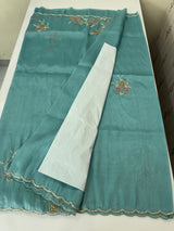 Handworked Premium Glass tissue flowy organza saree applique work MCH221 - Blue