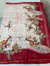 Semi tussar saree with hand painting, kanta embroidery and Pita work MS3433
