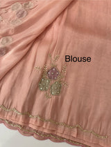 Handworked Premium Glass tissue flowy organza saree applique work MCH221 - Peach