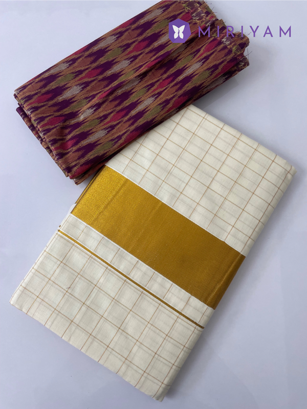 Kerala Cotton Saree with brocade blouse- Small Checks