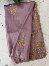 Handworked Premium Glass tissue flowy organza saree applique work MCH221 - PastelMauve