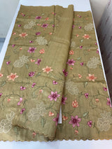 Blended tussar saree with applique work and embroidery MTSS451 Chiku