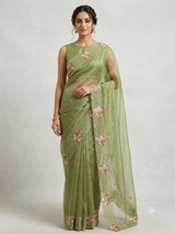 Glass tissue organza saree with embroidery MSF125 LeafGreen
