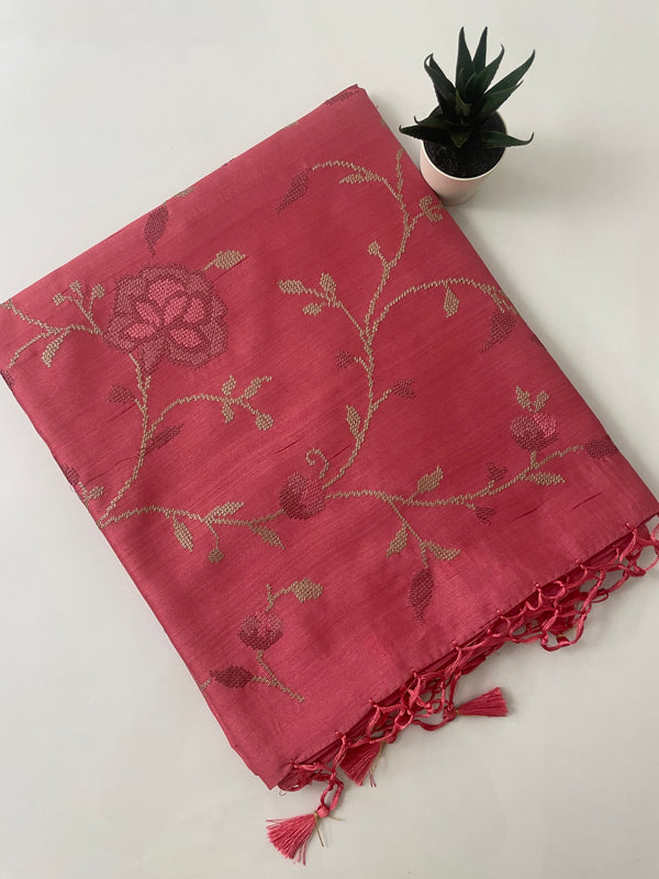 Matka tussar saree with cross stitch embroidery MCTE213 Coral Pink