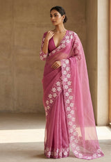 Soft organza saree with sequins cutwork borders- MCW541 - OnionPink