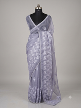 Glass tissue organza saree with embroidery MSF121 GreyishBlue(2)