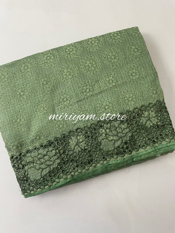 Phulkari NetKota saree with cutwork border on one side- MPKS313 Green