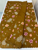 Blended tussar saree with applique work and embroidery MTSS451 SpicyMustard