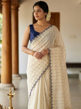 Mul chanderi cotton saree with scalloped borders - MNM131 NavyBlue