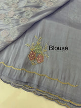 Handworked Premium Glass tissue flowy organza saree applique work MCH221 - DuskyBlue