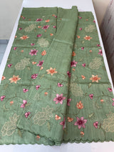 Blended tussar saree with applique work and embroidery MTSS451 DustyGreen