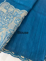 Blended tussar saree with organza applique applique borders MTSS452 Teal