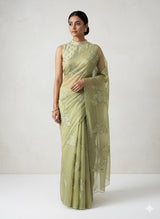 Organza saree with tissue applique work MMG62 - Dusky Green
