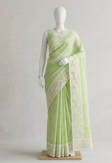 Mul chanderi cotton saree with organza applique borders MSH212 - PastelGreen