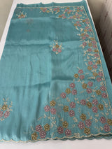 Handworked Premium Glass tissue flowy organza saree applique work MCH221 - Blue