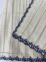 Mul chanderi cotton saree with scalloped borders - MNM131 NavyBlue