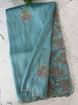 Handworked Premium Glass tissue flowy organza saree applique work MCH221 - Blue