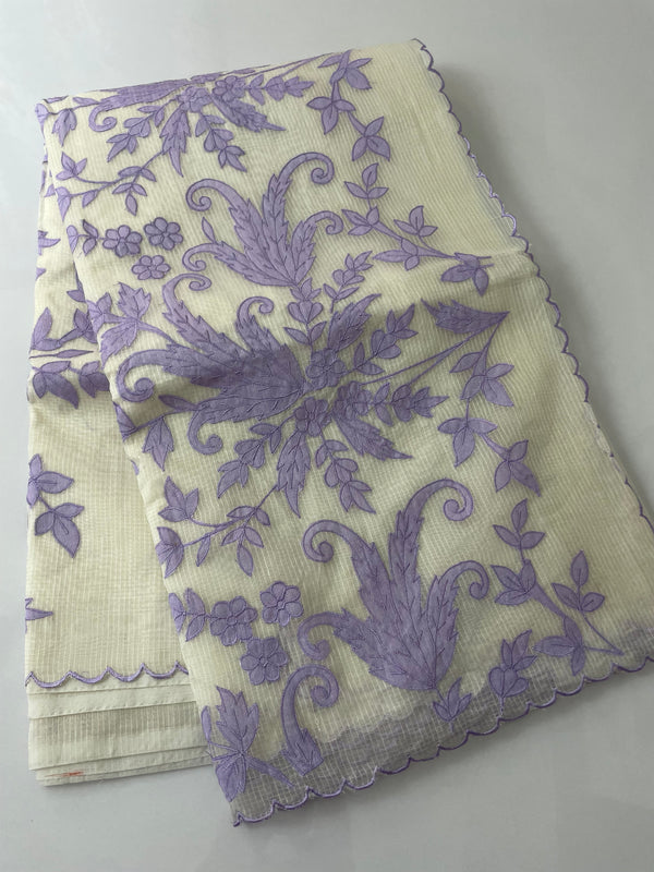 Kota cotton saree with applique work MKAS131 OffWhite & Lavender