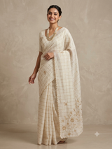 Checks Mul chanderi saree with tissue applique work MSH258(3)- Offwhite and Copper