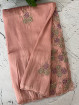 Handworked Premium Glass tissue flowy organza saree applique work MCH221 - Peach