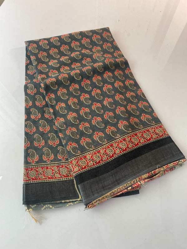 Handblock printed Ajrakh Linen-cotton saree MLS231
