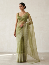 Glass tissue organza saree with embroidery MSF122 DustyGreen