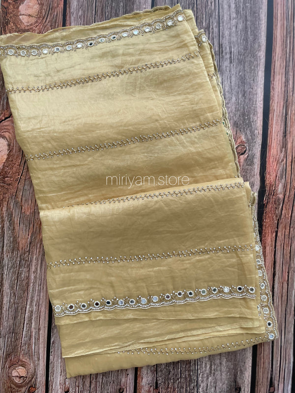 Handworked crush Organza saree with stones and cutbeads MZTS116 - Dusty Yellow