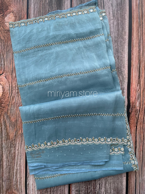 Handworked crush Organza saree with stones and cutbeads MZTS115 - Dusty Pastel Blue
