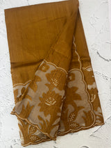 Blended tussar saree with organza applique applique borders MTSS452 SpicyMustard