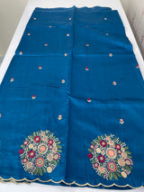 Blended art tussar silk saree with embroidery- MS1090 Teal