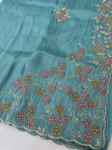 Handworked Premium Glass tissue flowy organza saree applique work MCH221 - Blue