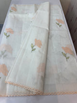 Moonga checks saree with applique work MS81789 - White to Peach