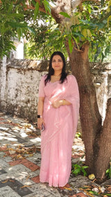 Glassy tissue organza saree with embroidery FKF121- PastelPink