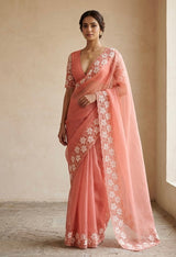 Soft organza saree with sequins cutwork borders- MCW541 - Peach