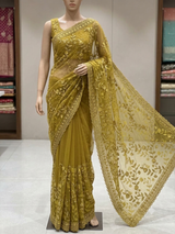 Soft Crush organza saree with embroidery and cutdana work - MOS5782 MustardOlive