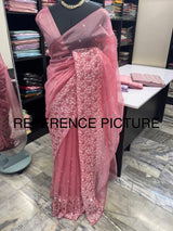 Glassy tissue organza saree with embroidery FKSF133- PastelPink