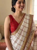 Linen big checks saree with zari border MLS9767- Cream & DeepRed