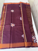 Checks Semi tussar saree with hand painting MS3432