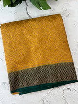 Banarasi semi katan saree with contrast border MKS455 CreamyYellow to BottleGreen