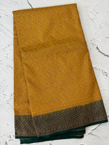 Banarasi semi katan saree with contrast border MKS455 CreamyYellow to BottleGreen
