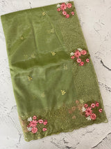 Glass tissue organza saree with embroidery MSF125 LeafGreen