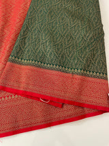 Banarasi semi katan saree with contrast border SHKNTNM - BottleGreen to Red