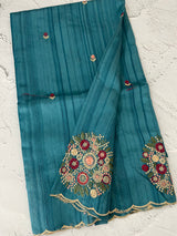 Blended art tussar silk saree with embroidery- MS1090 BlueGreen
