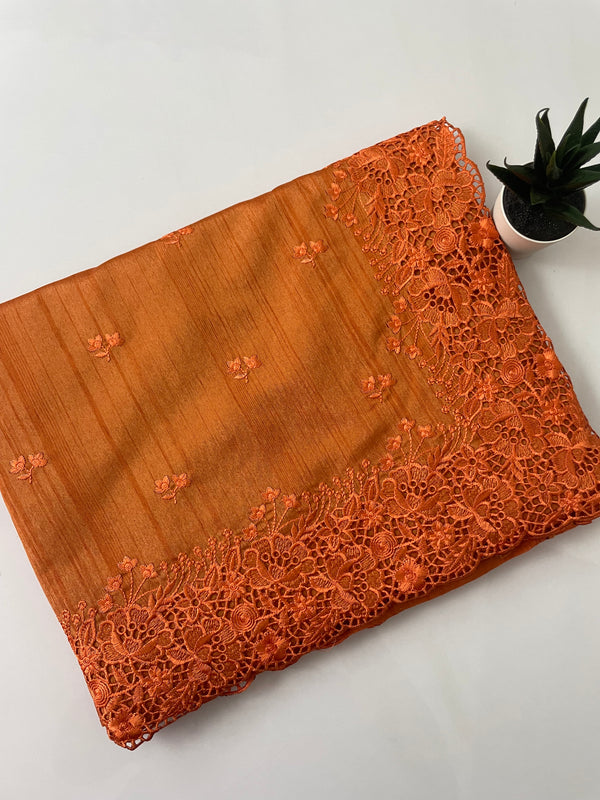 Cutwork semi tussar saree  - MSTH123 Orange