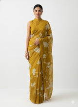 Organza saree with tissue applique work MMG62 - Dark Mustard