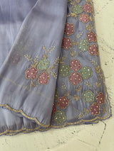 Handworked Premium Glass tissue flowy organza saree applique work MCH221 - DuskyBlue