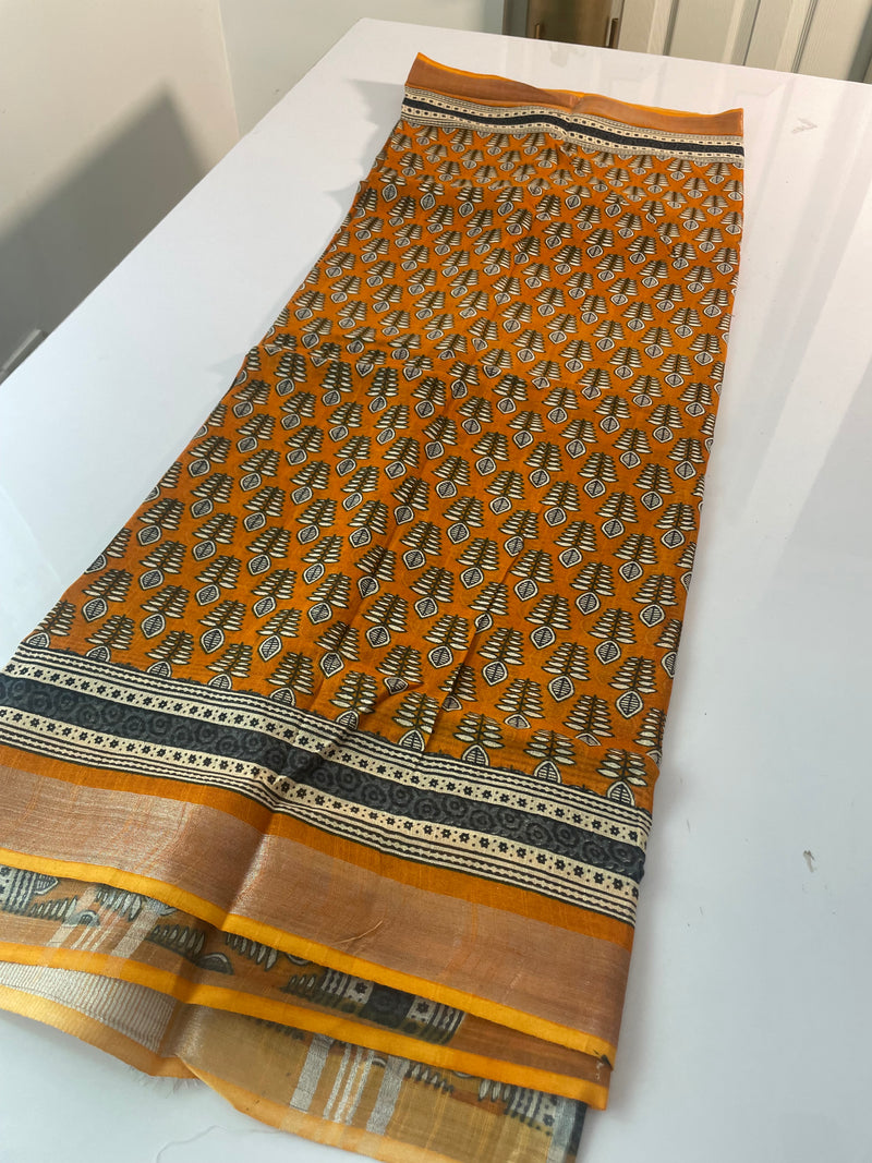 Handblock printed Ajrakh Linen-cotton saree MLS232