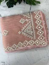 Tissue Organza saree with Kutch hand embroidery and mirror work- MS14799 PastelPeach