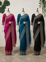 Soft Velvet Organza saree with embroidery borders - MOS4377 PeacockBlue