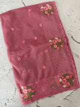 Glass tissue organza saree with embroidery MSF125 Pink